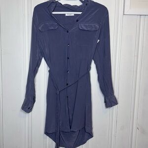 Equipment Silk Button Down Long Sleeve Blue Belt Dress XS